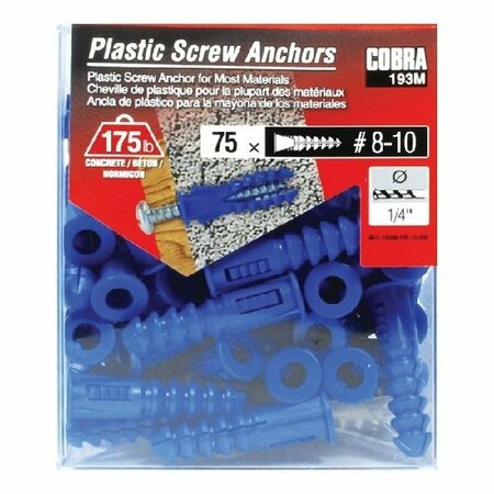 COBRA ANCHORS Cobra Anchors Screw Anchor, 1-1/4 in L, Plastic, 175 lb 193M